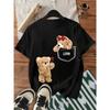 Women's Gray Teddy Bear Print Pocket T-Shirt: Cotton Cute Pink Bear Bow Tie Pock