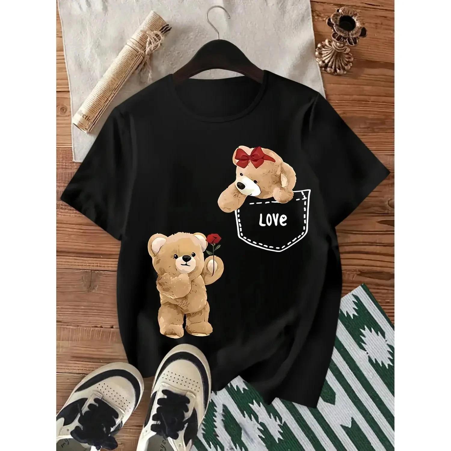 Women s Gray Teddy Bear Print Pocket T-Shirt: Cotton cute pink bear bow tie pock XXXXL
