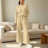 Women's Casual Long Sleeve Two-Piece Set - Round Neck Top with Elastic Drawstring Waist Wide Leg Pants and Pockets
