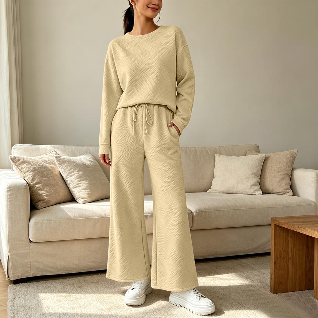 Women's Casual Long Sleeve Two-Piece Set - Round Neck Top with Elastic Drawstring Waist Wide Leg Pants and Pockets