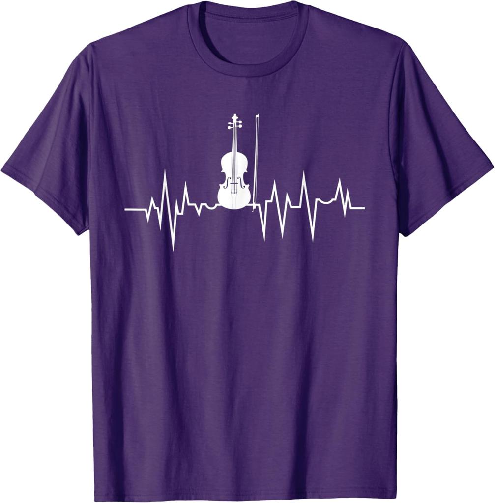 Violin Heartbeat EKG Rhythm Graphic Print Casual Cotton Short Sleeve TShirt for Music Lovers