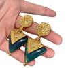 Elegant Dark Green Rhinestone Triangle Earrings with Gold Inlaid Geometric Design