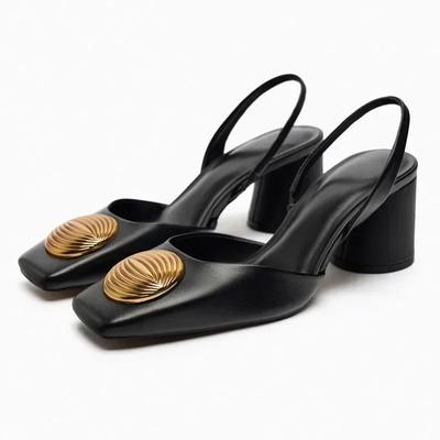 Sandală cu toc gros, cu curea la spate și decorațiune metalică de lux, pentru femei, elegantă, cu toc înalt rotund, vară, pantofi mule de designer