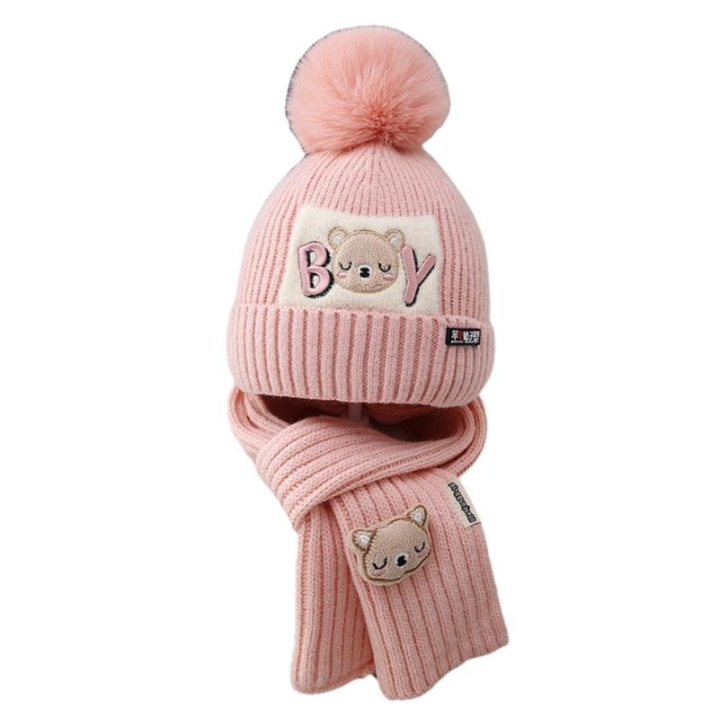 Winter Warme Mütze Schals Kinder Mütze und Schal Verdickte Mütze Schal Elastische Mütze mit Bommeln für Kinder 1-6 Jahre rosa