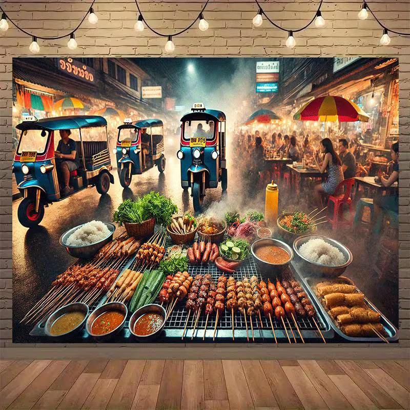2D Bangkok Street Food Backdrop Tuk-tuk & Grilled Skewers Photography Background 47.2x31.5inch/120*80cm
