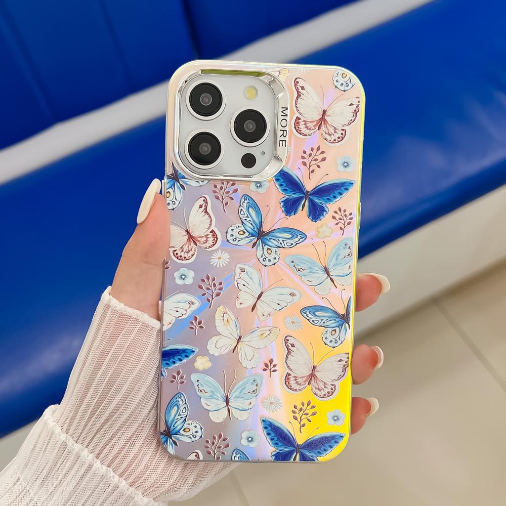 For iPhone 14 Pro Electroplating Case Laser Effect Butterfly Pattern PC+TPU Hybrid Cover