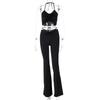 Ins Bandage Ruched Crop Top + High Waist Stretch Flare Pants Two Piece Set Fashion Casual Outfits Tracksuit Streetwear