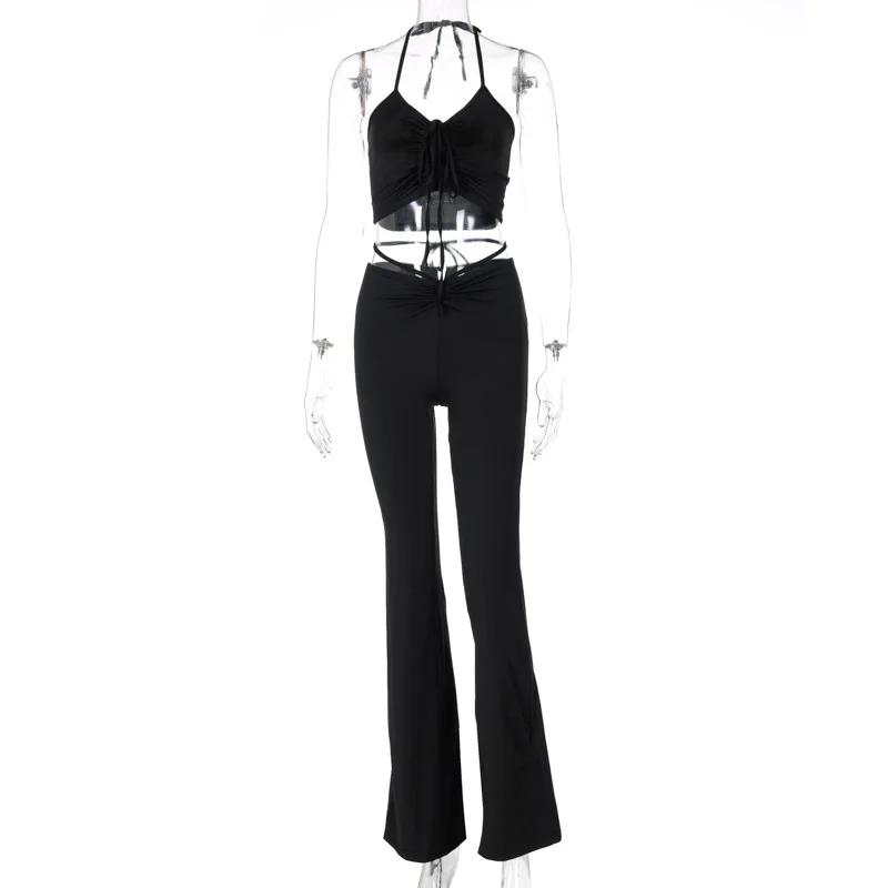 Ins Bandage Ruched Crop Top + kalhoty s vysokým pasem Stretch Flare Dvoudílná sada Móda Ležérní oblečení Tepláky Streetwear