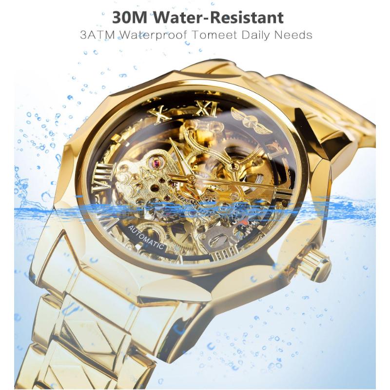 WINNER Men's Skeleton Automatic Mechanical Watches Polygonal Hollow Bottom Self Winding Wristwatch Stainless Steel Waterproof Luminous Watches for Men