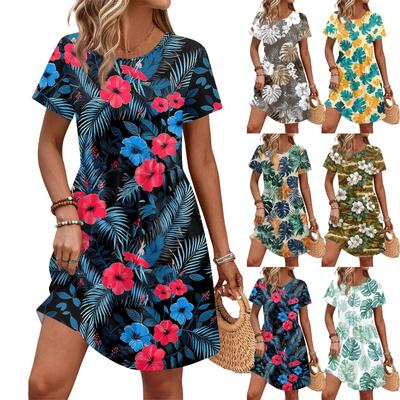 Dresses For Women Short Sleeve Print Round Neck Casual Dresses Waist Dress With Pockets