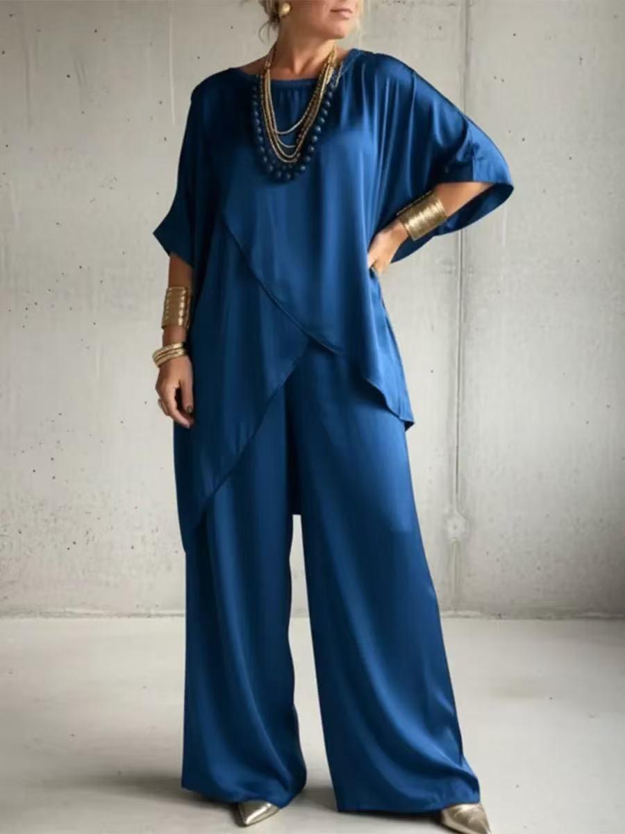 2026 European Women s Satin Casual Set - Round Neck, Loose Fit, Irregular Hem S синий