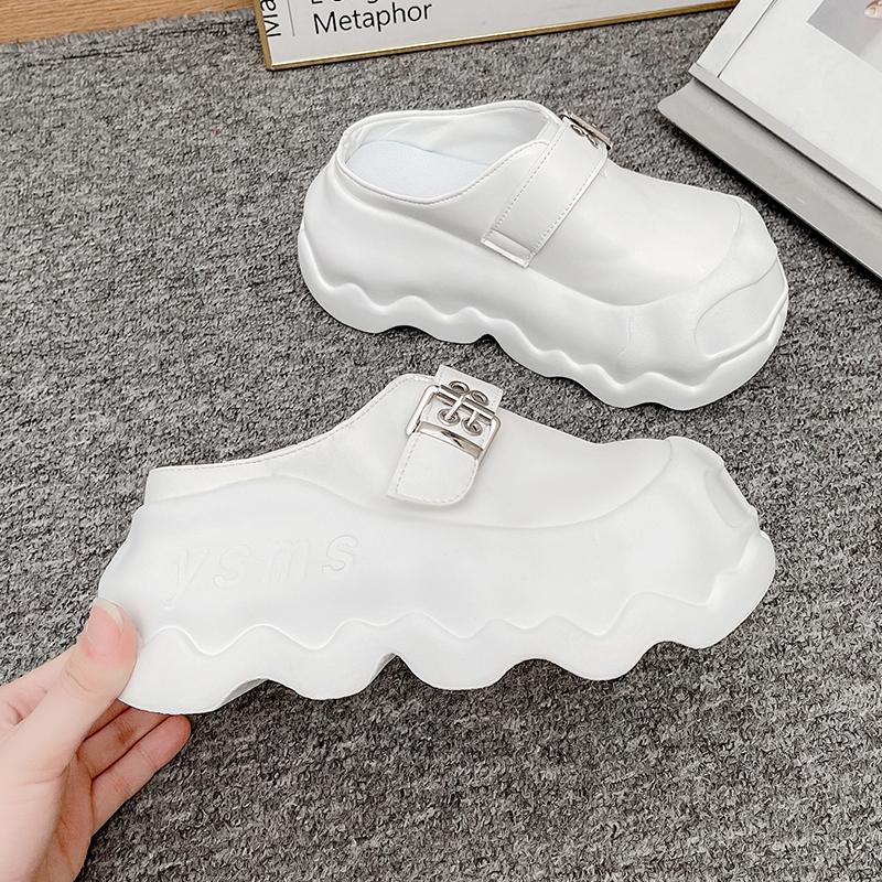 Fashion Slippers Women 2025 New Autumn Winter 8cm Thick-soled Half Slippers Leather Female Wear Fashion Closed Toe Women Slippers