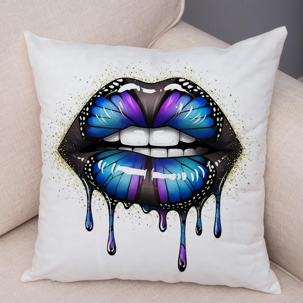 Bold Lip Art Pillowcase Double Print Leopard Pattern Cushion Cover Soft Plush Vibrant Design Pillow Case for Sofa Home Car