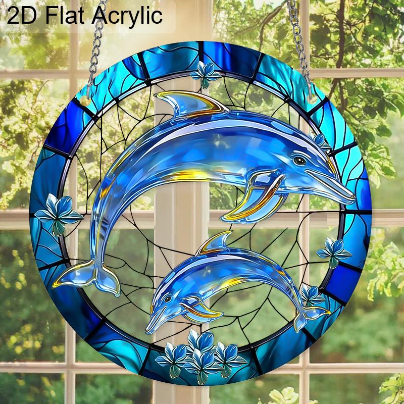 Acrylic Dolphin & Calf Suncatcher Stained Glass Effect Window Hanging Ornament Ocean Themed Gift for Home