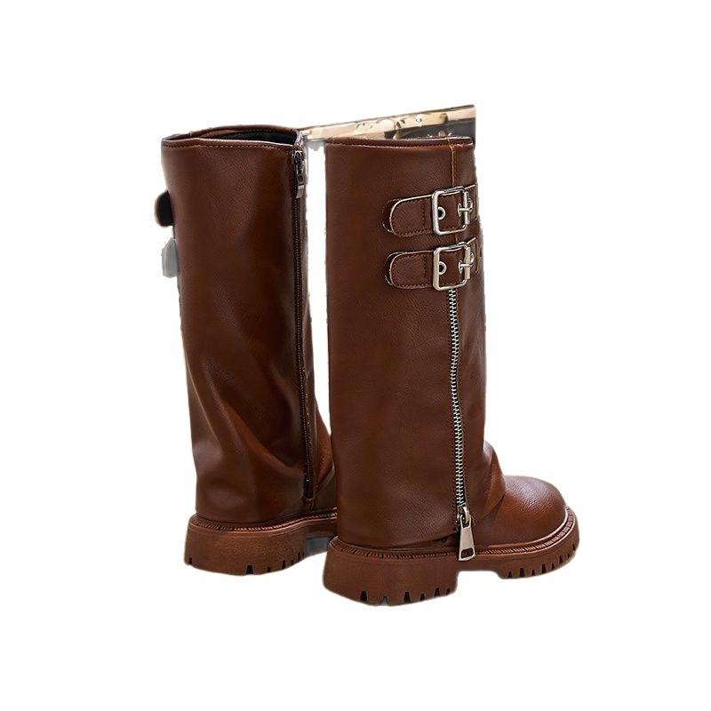 Stivali al ginocchio per bambina Scarpe con zip e fibbia per bambini Tacco quadrato Autunno Inverno Bambini Bambini Stivale lungo da cavaliere 27-37