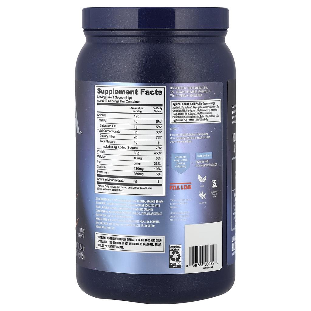 Vega Roślinne, zwiększające wydajność białko + kreatyna, kremowa czekolada, 1 lb 7.4 oz (663 g)