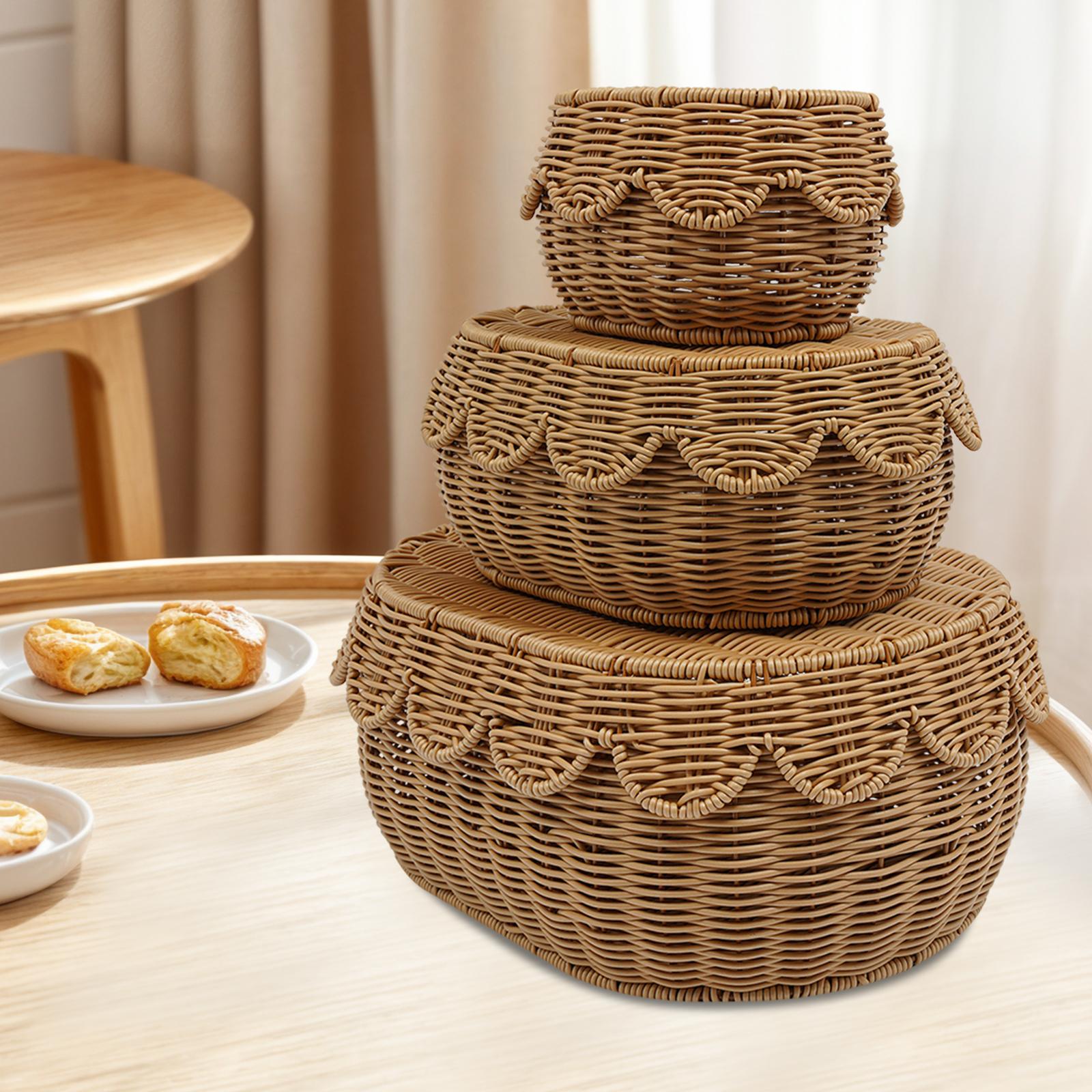 

3Pcs Woven Storage Baskets with Lids - Decorative Rattan Style Organizer Bins for Bedroom - Lightweight Stackable Basket Set светло-коричневого