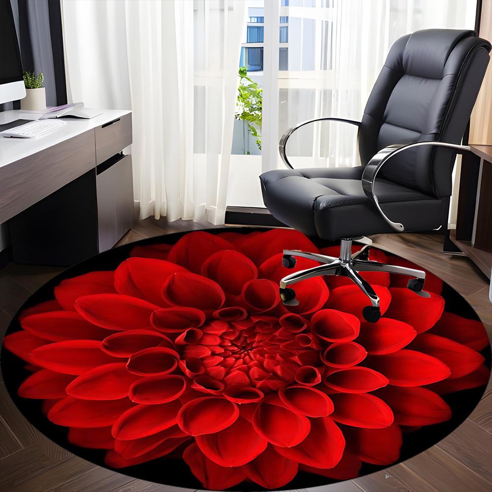 1pc Red Dahlia Flower Carpet, Round Non Slip Durable Large Size Office Carpet, Suitable for Office
