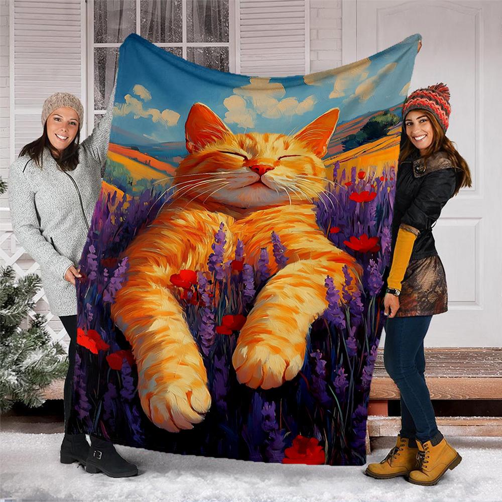 1 Stück Lavendelfeld Katzenmotiv Outdoor Weiche Polyester Flanell Decke Vielseitig für alle Jahreszeiten , Weich , Gemütlich , Warm Ganzjahres gesteppte Decke ,
