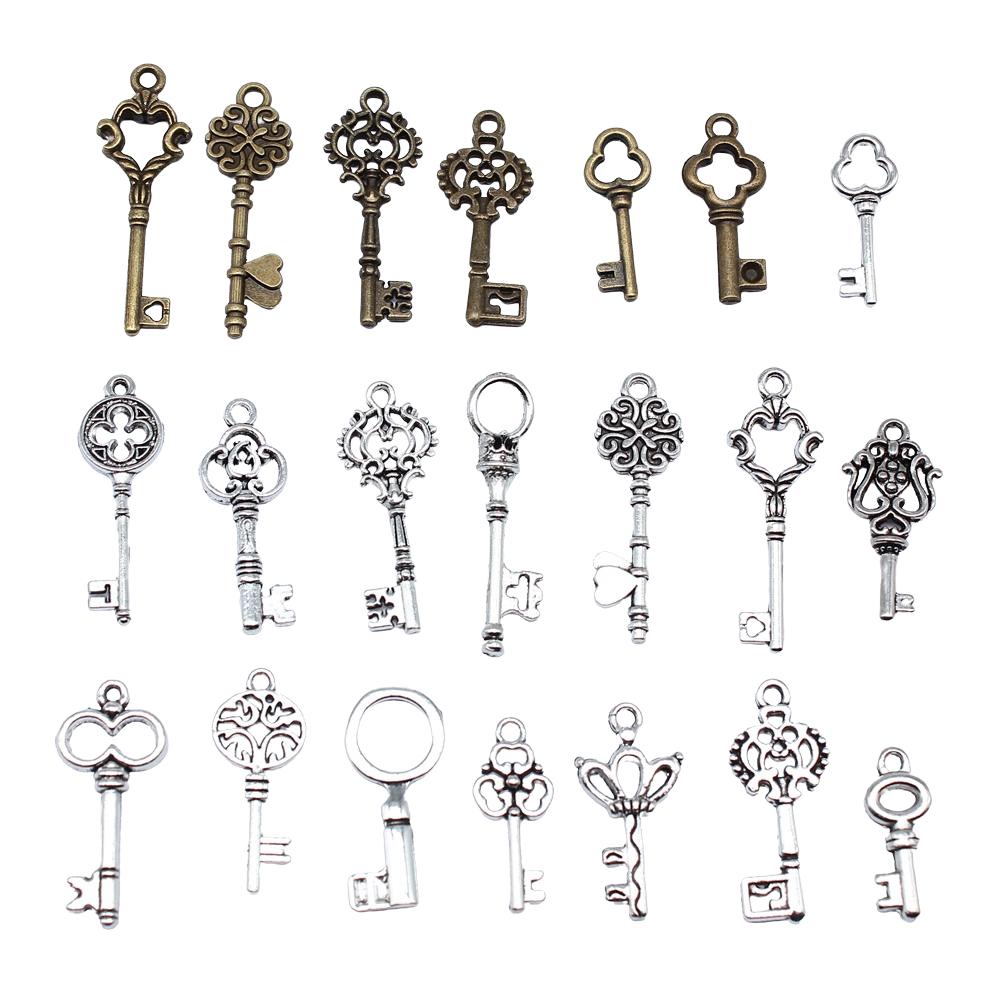 10pcs Antique Bronze Silver Color Pendants DIY Crafts Making Findings Handmade Tibetan Jewelry Key Charms For Jewelry Making