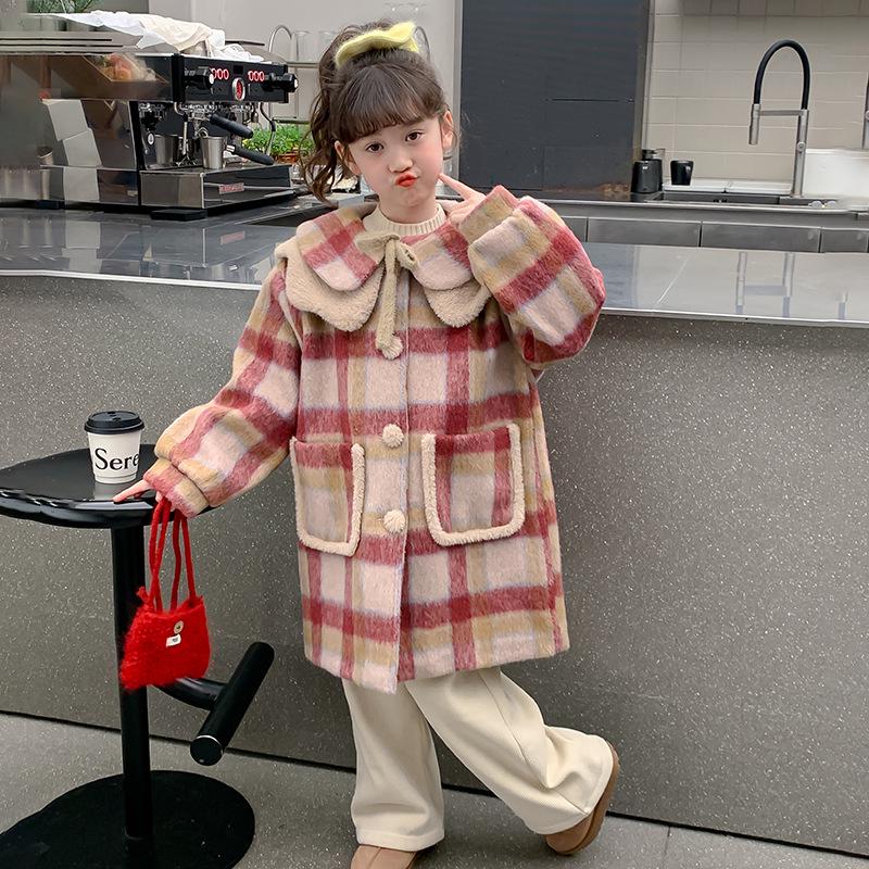 Girls' 2025 Mid-Length Plaid Wool Coat - Thickened for Autumn/Winter Warmth