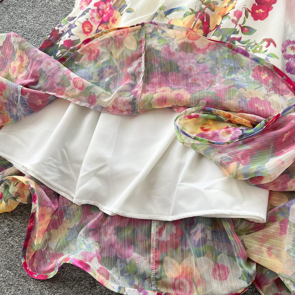 Sexy Chiffon Printed High-end Three-dimensional Ruffled Waist-cinching Slimming Dress for Women