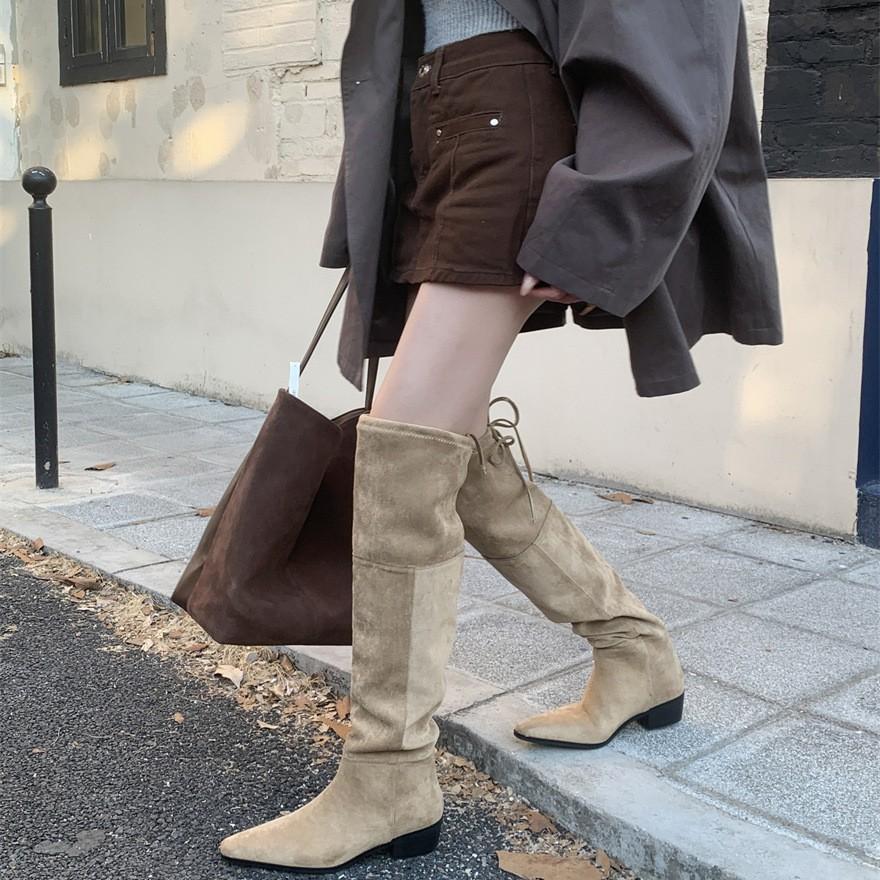Over-knee women's boots 23 autumn and winter thick heel strap-up high elastic boots 3cm suede flat-bottomed knight boots