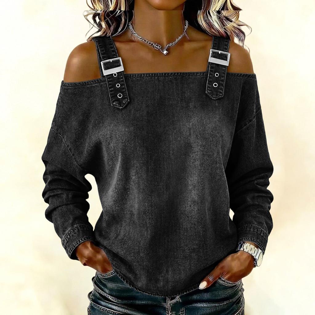 Women's Elegant And Versatile Off-the-shoulder Long-sleeved Top With Shoulder Straps.