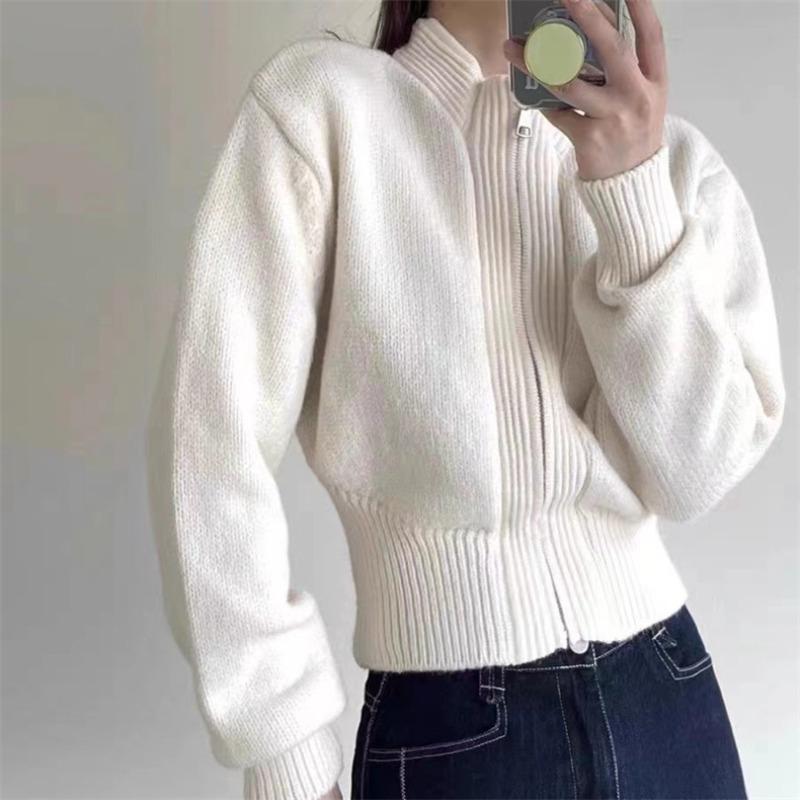Short design zipper semi-turtleneck knitted cardigan women's small casual simple solid color sweater jacket