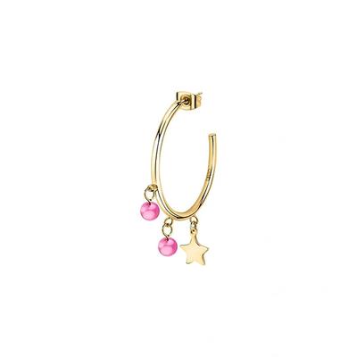 Single Gold Tone Steel Star Earrings With Fuchsia Beads LPS02AQM44 For Women