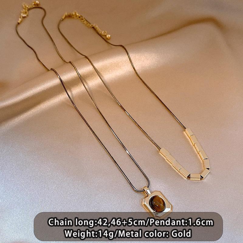 Black Gold Color Double Layered Tiger eye stone Pendant Necklace For Womens Autum /Winter Sweater Chain Set Jewelry Accessories