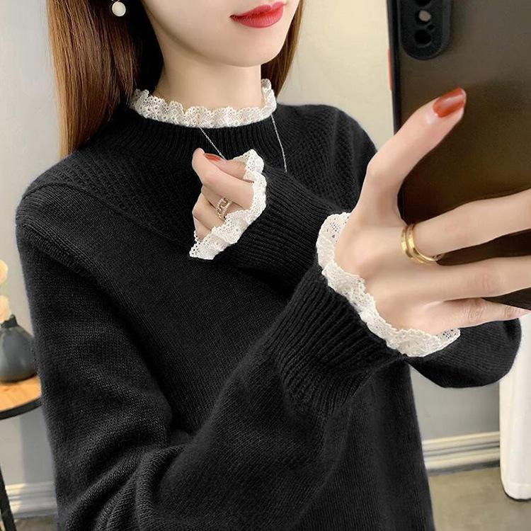 Winter Sweater Women Half High Collar Pullovers Thickened Bottom Sweater Lace Splice Overlay Tops Sweater