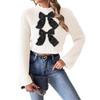 Short Crop Top Sweater with Bow Tie and Flared Sleeves, Semi-high Neck Pullover Sweater for Women