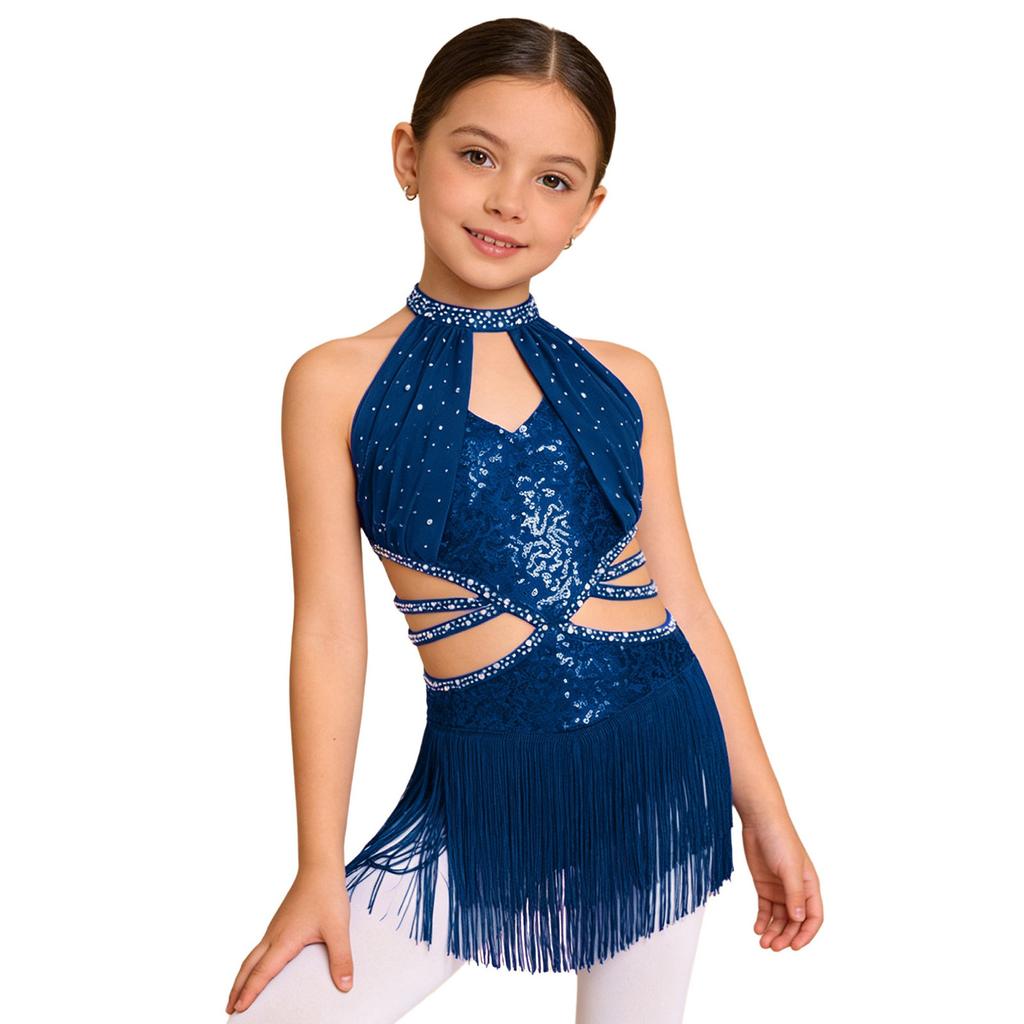 Dziewczęca Sukienka do Tańca Latynoamerykańskiego Bez Rękawów Marszczona Siateczkowa Góra Wycięcie w Talii Paski Błyszczące Frędzle Cyrkonie Płatki Sequins Body