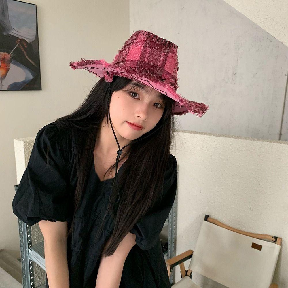 Hiking Western Cowboy Hat Adjustable Plaid Knight Hat Vintage Wide Brim Sun Hat  for Male Female