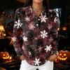 Women's Casual Button Long Sleeve Christmas Print Collared Top with Side Slits at Hem