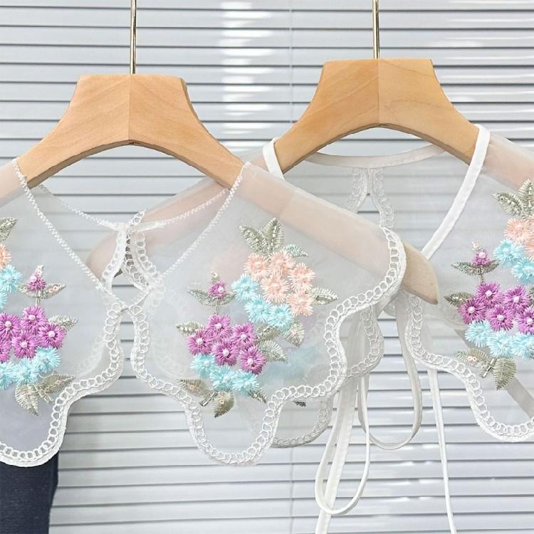 Embroidery Colorful Flower Detachable Collar Elegant Lace Shawl Faux Collar Capelet Scarf for Womens Clothing Accessory