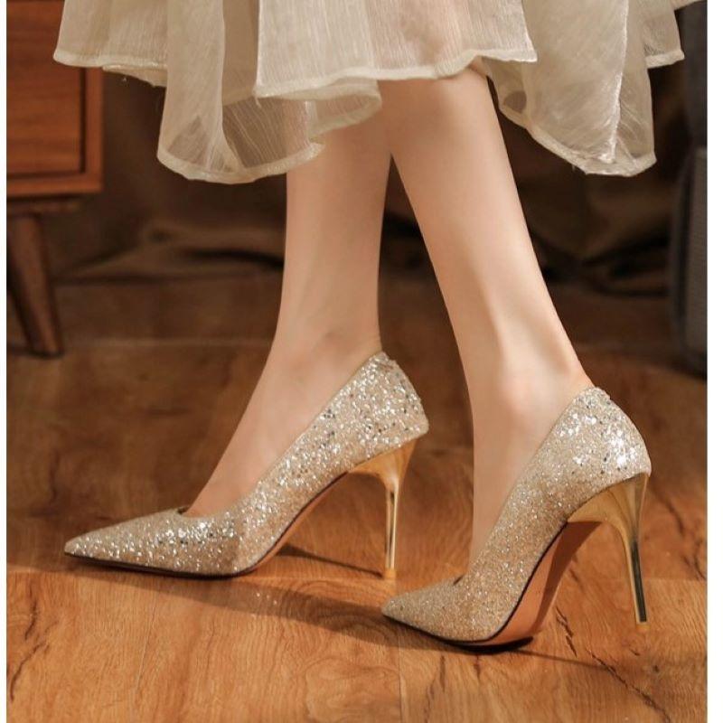 Verão Novos Sapatos Femininos Solteiros Sexy Lantejoulas Saltos Finos Bico Fino Boca Rasa Salto Alto Clássicos Sapatos de Vestido de Banquete