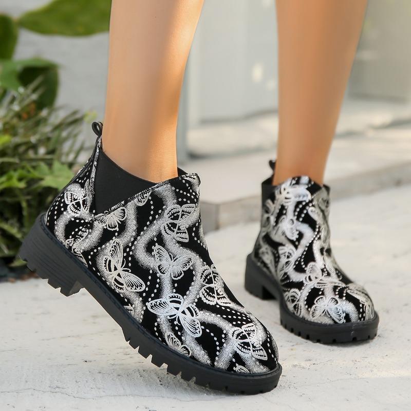 Large Size Short Boots Women's Autumn and Winter New Fashion Butterfly Print Round Head Short Sleeve Foot and Ankle Martin Boots