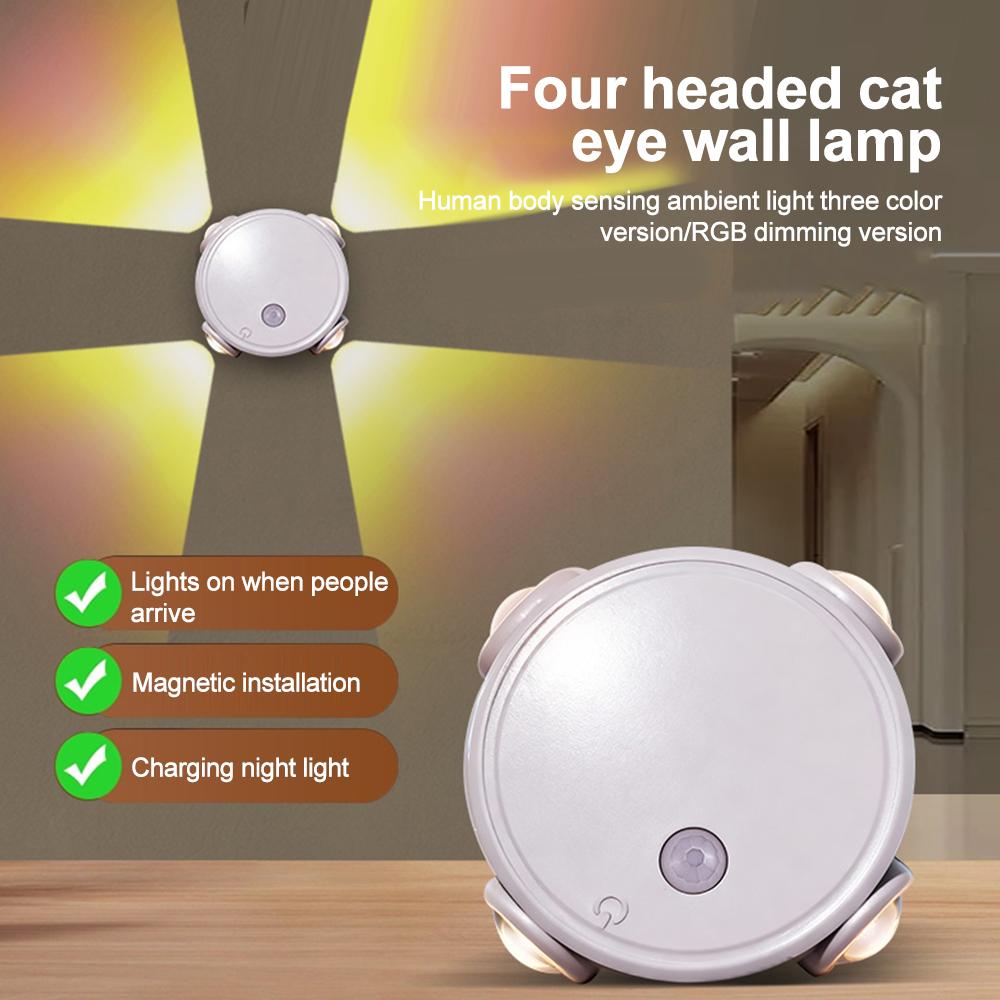 4 LED Magnetic Motion Sensor Smart RGB Gradient Night Light Rechargeable Wall Lamp Bedroom Cabinet Wardrobe Lamp Staircase Lamp
