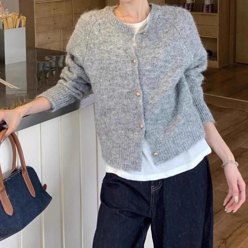 Womens Korean Soft Knit Cardigan Autumn Winter New Round Neck Small Gold Buttons Loose Sweater Coat