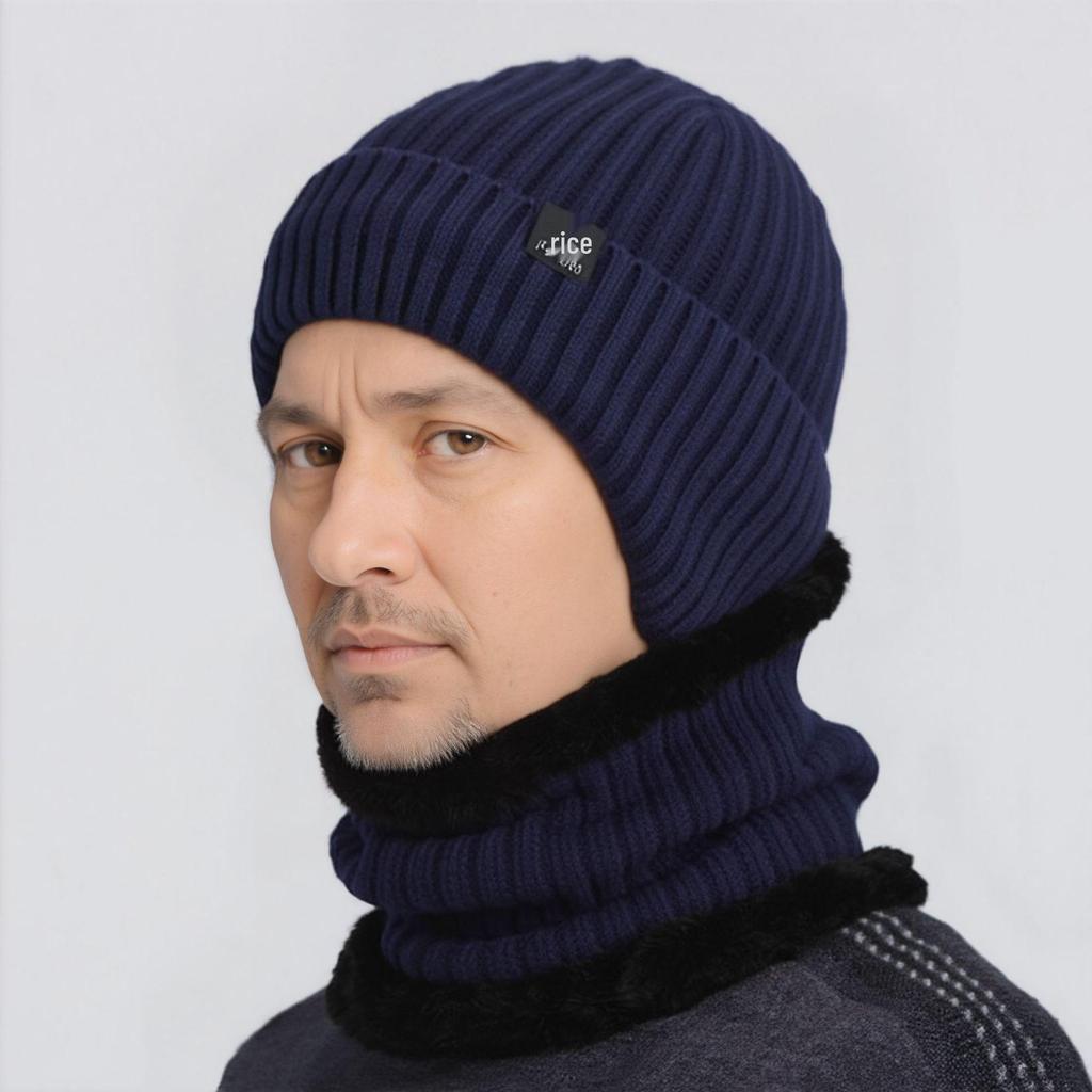 Men's Winter Knit Hat and Scarf Set with Ear Protection for Seniors