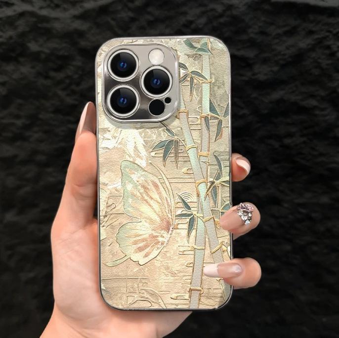 

Green Bamboo Butterfly for Apple 16promax Aesthetic Temperament Fashionable Female Phone Case for IPhone15 Electroplating For Apple 7