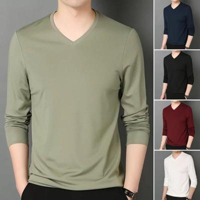 Herren Herbst Frühling Top V-Ausschnitt Lange Ärmel Reine Farbe Slim Fit Dünner Pullover T-Shirt Alltagskleidung Sport Homewear Kleidung