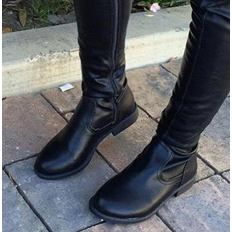 Autumn Winter Round Headed Low Square Heel Over-the-knee Boots Sewing PU 3CM Large Size Side Zipper Long Boots for Women Shoes