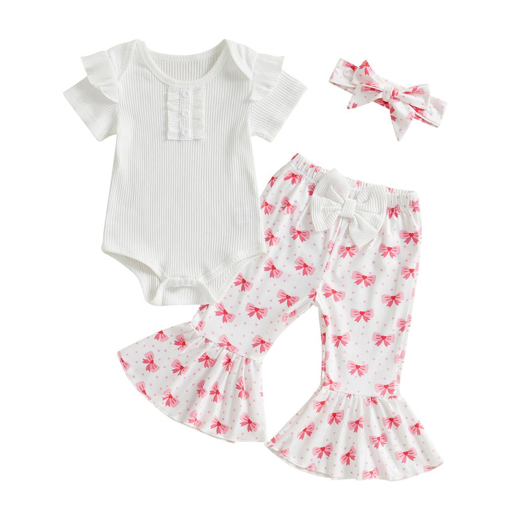 Baby Girls 3PCS Pants Sets Flying Sleeve O Neck Romper Floral Flared Pants Headband Sets
