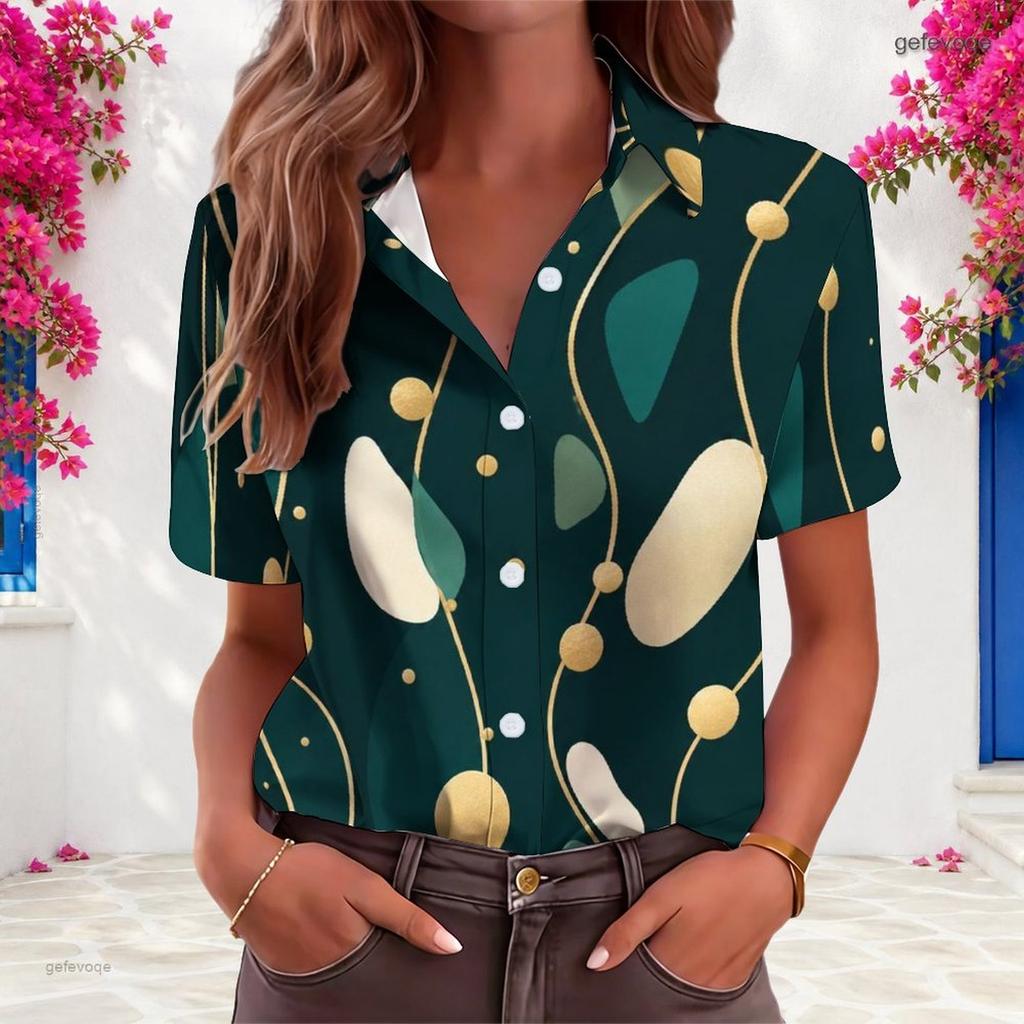 Women Casual V Neck Short Sleeve Button Shirt Luxury Rhinestone Floral Print Loose Plus Size Daily Summer Blouse Tops