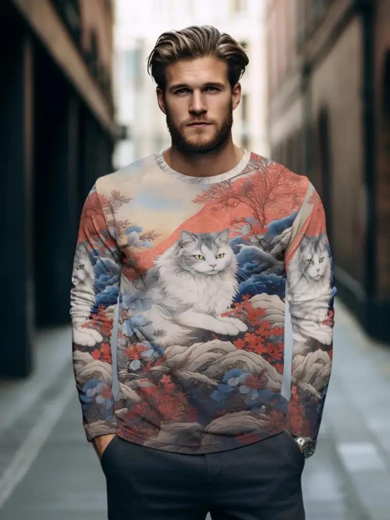 Samurai Cat Warrior Print Long Sleeve T-shirt, Stylish Casual Men's Top