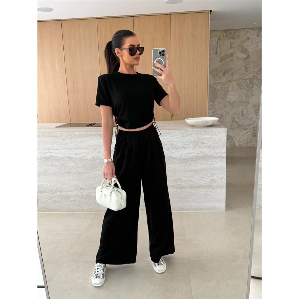 Lato Nowa Moda Casual Jednolity Kolor Garnitur T-shirt Szerokie Nogawki Spodnie Zestaw Dwuczęściowy Dla Kobiet