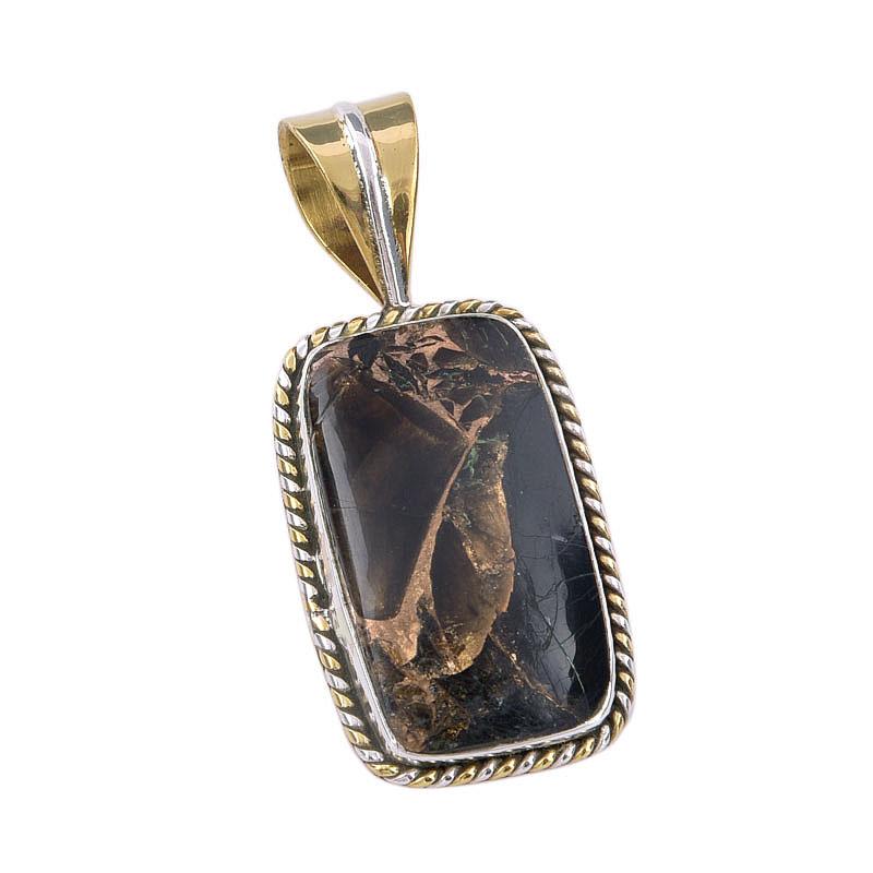 Natural Black Turquoise Gemstone 925 Sterling Silver Two Tone Pendant 1.50" G2K48